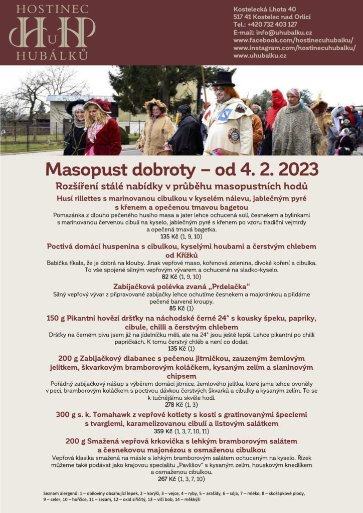 Masopustní hody od 4. 2. 2023 a prodej domácích vepřových výrobků