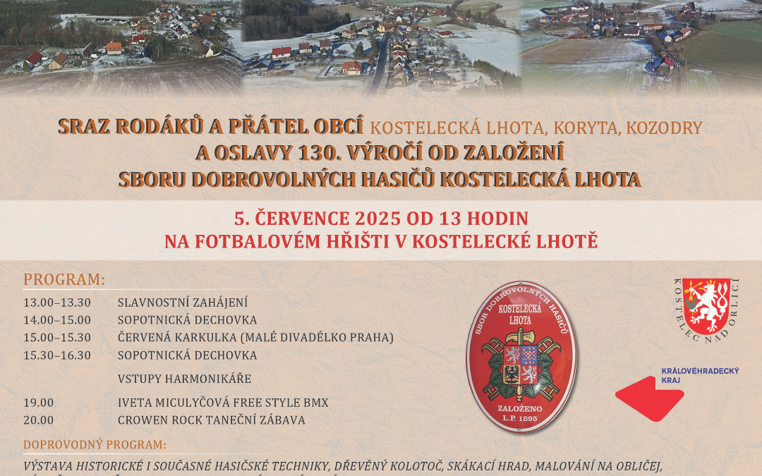 Sraz rodáků a přátel obcí Kostelecká Lhota, Koryta a Kozodry a oslavy 130. výročí od založení SDH Kostelecká Lhota