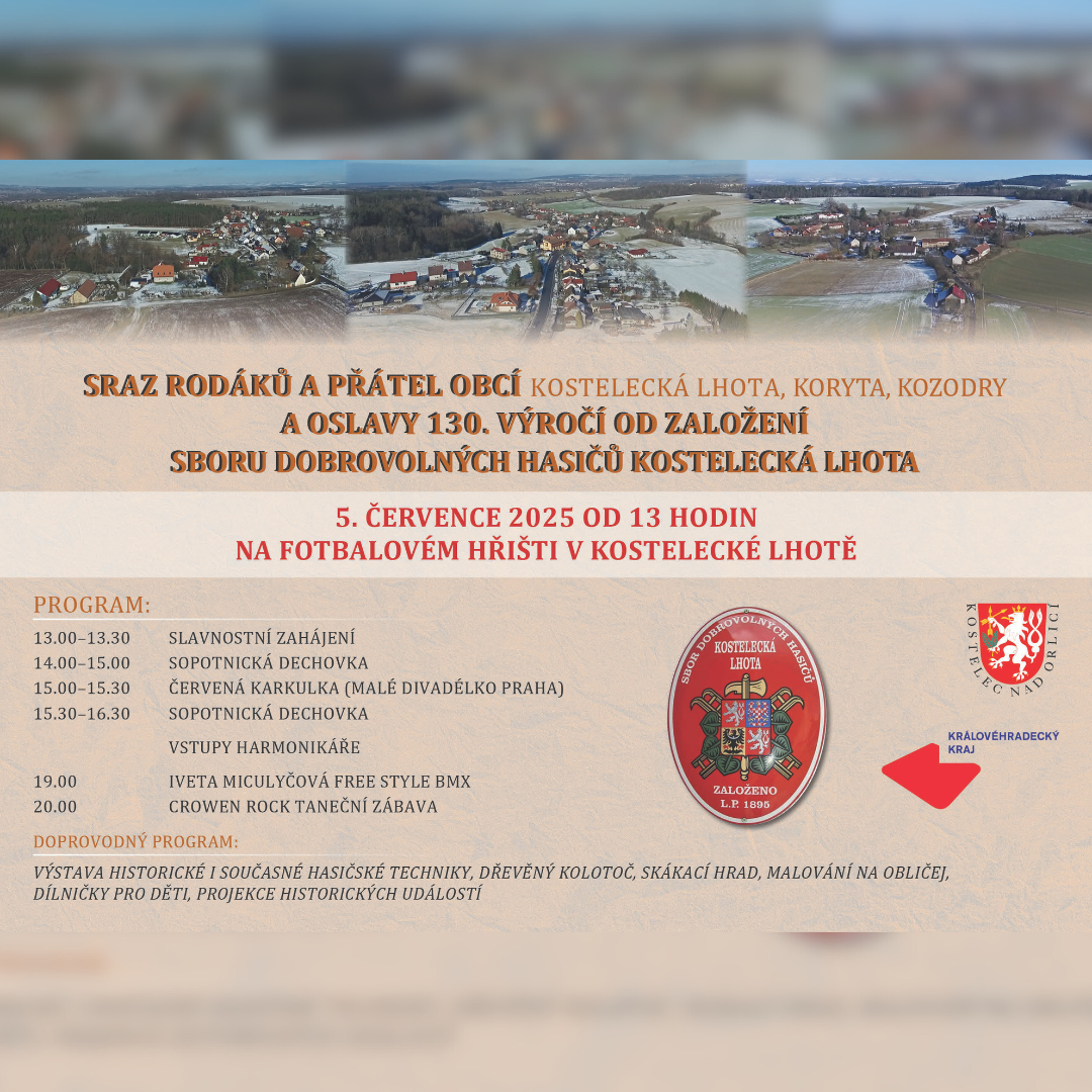 Sraz rodáků a přátel obcí Kostelecká Lhota, Koryta a Kozodry a oslavy 130. výročí od založení SDH Kostelecká Lhota